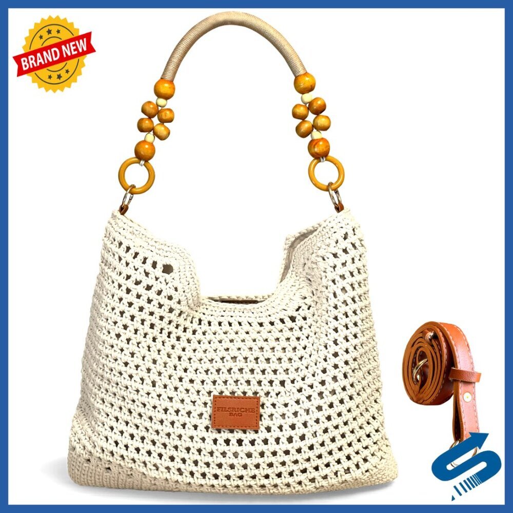 Straw Handwoven Hobo Tote with Wooden Bead Handle Adjustable Crossbody Strap